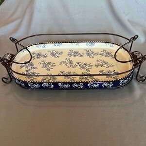 2 Piece Temptations Floral Lace Cobalt Blue 3.0 Qt Lid-It Serving Dish & Rack